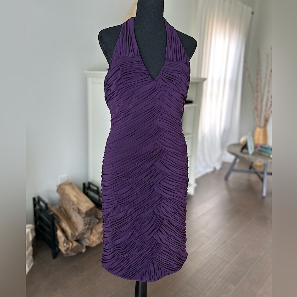Adrianna Papell Eggplant Purple Cocktail Halter Sleeveless Fitted Dress Size 14